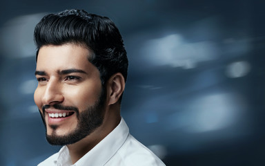 Men Hair Beauty. Handsome Man Model With Black Hair And Beard 