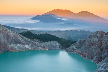The famous landmark panoramic view in the morning at scenic of Kawah ijen, East Java, Indonesia.