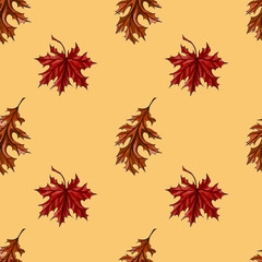 Seamless pattern with autumn maple and autumn oak leaves. Watercolor hand drawn autumn seamless pattern. Illustration for textiles, gift packaging, paper, interior design, cover
