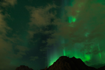 norwegian aurora borealis with mountains, view from svolvaer, norway, europe, green northern lights, lofots, lofoten