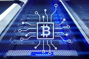 Bitcoin, Blockchain concept on server room background.