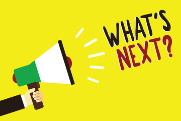 Text sign showing What s is Next question. Conceptual photo Get information Ask Query Investigate Probes Explore Man holding megaphone loudspeaker yellow background message speaking loud