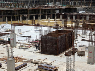 Reinforcement concrete column as part of building structure at the construction site. Reinforcement...