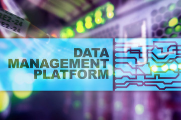 Data management and analysis platform concept on server room background.