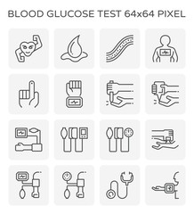 Blood or glucose test and health care vector icon include heart, body and device i.e. smart watch, digital meter for doctor, patient, human to test, check, monitor pressure, pulse rate or heartbeat.