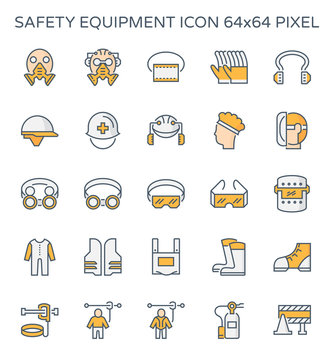 Safety Equipment Icon Or Personal Protective Equipment (PPE) In Construction Work. Consist Of Respirator, Glove, Hard Hat, Mask, Vest, Boot And Harness Etc. For Protect Worker From Injury Or Infection