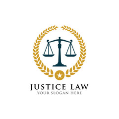 justice law badge logo design template with scales vector illustration. emblem of attorney logo vector design