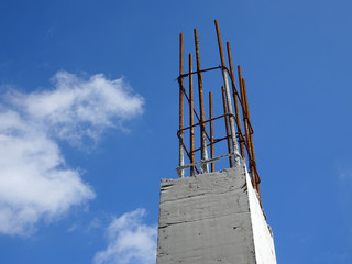 Reinforcement concrete column as part of building structure at the construction site. Reinforcement...