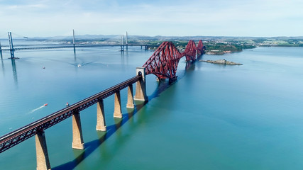 Aerial view of the Forth Railway Bridge near Edinburgh. A huge Victorian cantilever construction...