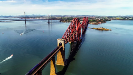 Aerial view of the Forth Railway Bridge near Edinburgh. A huge Victorian cantilever construction and now a World Heritage Site.