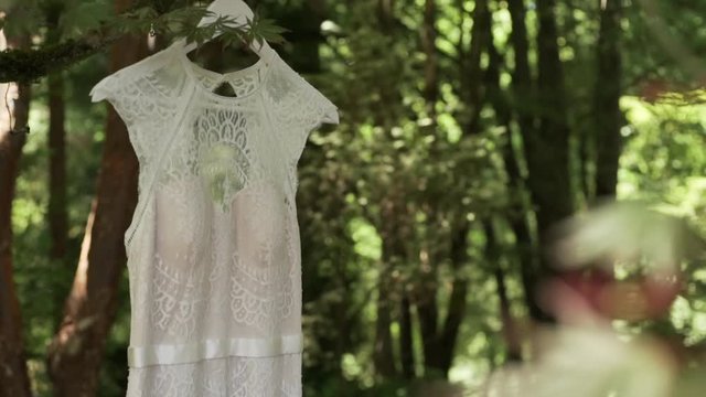 Vintage wedding dress hanging in the forest.