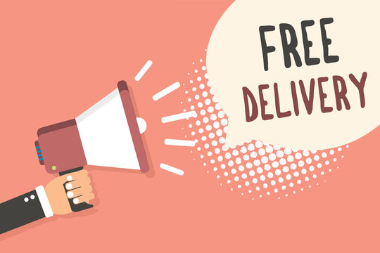 Conceptual hand writing showing Free Delivery. Business photo showcasing Shipping Package Cargo Courier Distribution Center Fragile Man holding megaphone speech bubble pink background halftone
