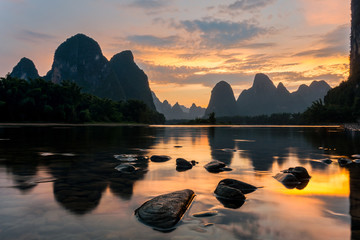 Yangshuo, China Sunset Landscape on Calm River