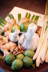 Thai spa treatment ingredient with herbs and herbal compress ball