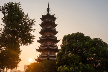 Chinese Temple Tower Sunrise Morning Outdoors