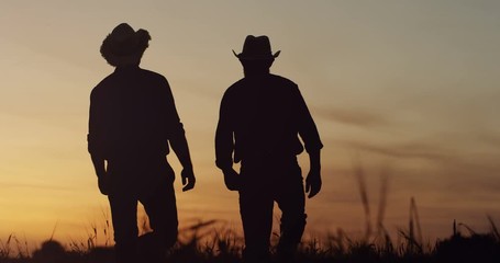 Silhouettes of the father and son shadows in hats walking the field and talking at the dawn or twilights. - Powered by Adobe