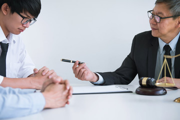 Unhappy divorce couple having conflict, husband and wife during divorce process with senior male...