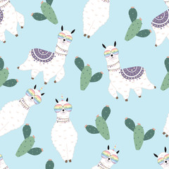 Blue hand drawn cute seamless pattern with llama, glasses,cactus in summer