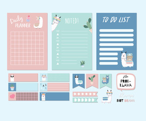 Printable and sticker with llama,alpaca,cactus,cake,heart in funny style. with wording llama not drama,no problem llama