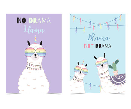 Blue violet hand drawn cute card with llama, glasses,cactus in summer.No drama llama, Llama not drama