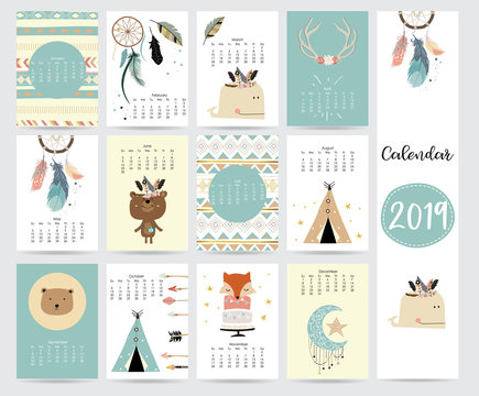Chic monthly calendar 2019 with tent,whale,feather,arrow,dreamcatcher,fox,rabbit,cake and wild in boho and bohemian style