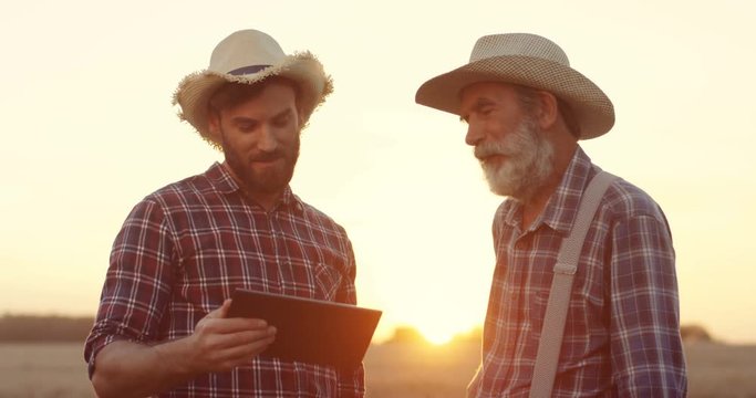Portrait shot ogf the son and father farmers in the field on the dawn or twilights, watching something on the tablet and discussing it.