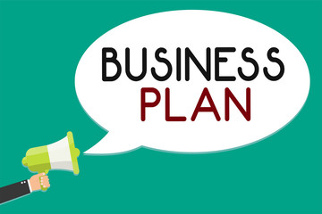 Handwriting text writing Business Plan. Concept meaning Structural Strategy Goals and Objectives Financial Projections Man holding megaphone loudspeaker speech bubble message speaking loud