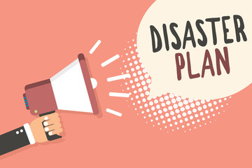 Conceptual hand writing showing Disaster Plan. Business photo showcasing Respond to Emergency Preparedness Survival and First Aid Kit Man holding megaphone speech bubble pink background halftone