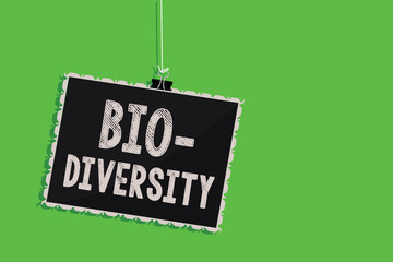 Text sign showing Bio Diversity. Conceptual photo Variety of Life Organisms Marine Fauna Ecosystem Habitat Hanging blackboard message communication information sign green background