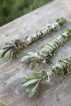 Smudge sticks made from fresh picked herbs