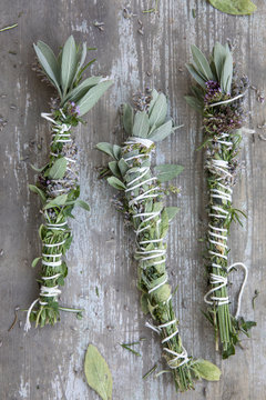 Smudge sticks made from fresh picked herbs