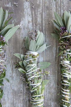 Smudge sticks made from fresh picked herbs