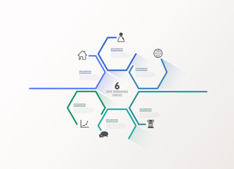 Six colorful hexagon vector progress steps illustration with icons and place for your company information. It can be used for presentation, web design, quotes, survey, banner, study.