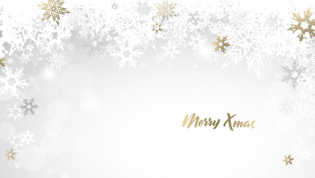 Christmas light greeting card background with golden and white snowflakes and Merry Christmas text - light version