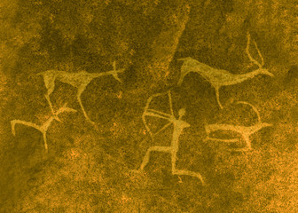 An image of an ancient hunt on a cave wall. ancient history, era, era.