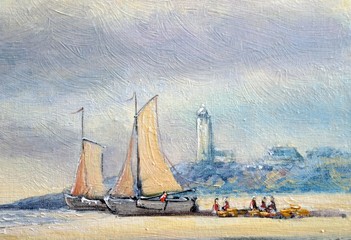 Oil paintings sea landscape. Ships, fisherman. Fine art