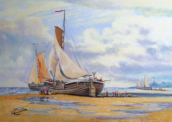 Oil paintings sea landscape. Ships, fisherman. Fine art