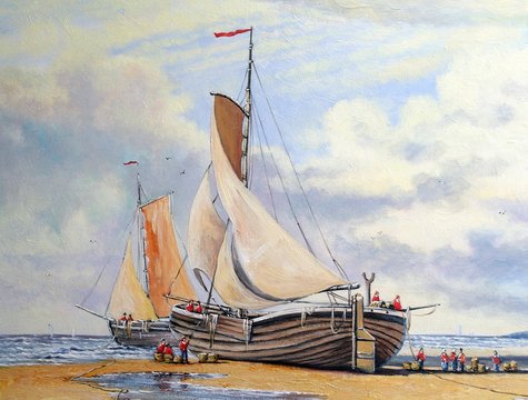 Oil paintings sea landscape. Ships, fisherman. Fine art