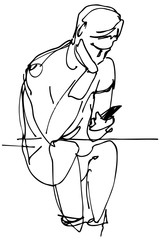  vector sketch of a man sitting and looking at the phone
