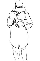  vector sketch of a man in a coat with a backpack behind his back
