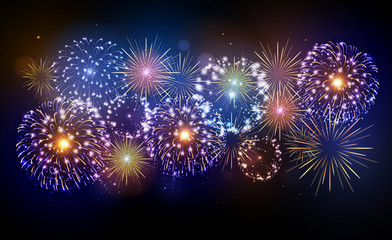 Fototapeta na wymiar Vector holiday festival blue and gold firework. Independence day