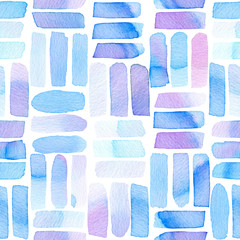 Seamless pattern with abstract geometric figures. Watercolor line-spots in the tiled pattern, blue and violet colors.