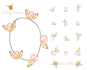 Baby milestone fashion blanket with gold glitter floral elements. Vector hand drawn illustration.