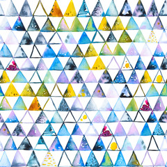 Seamless pattern with abstract geometric triangles. Watercolor spots, shapes, beautiful paint stains like cosmic nebula. Background for parties, holidays, birthdays.