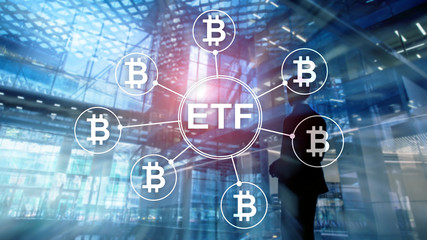 Bitcoin ETF cryptocurrency trading and investment concept on double exposure background.