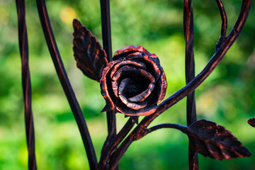 Details, structure and ornaments of forged iron gate. Decorative ornamen with roses, made from metal