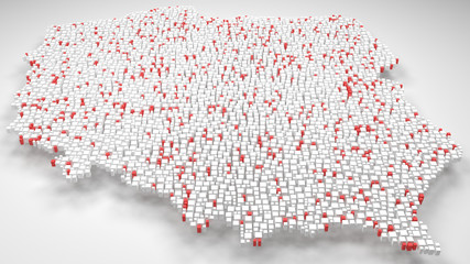 3D Map of Poland - Europe | 3d Rendering, mosaic of little bricks - White and flag colors. A number of 4895 little boxes are accurately inserted into the mosaic