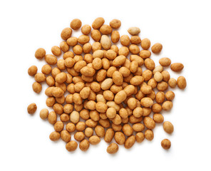 Spicy coated fried peanuts isolated on white background. Top view of snacks and nuts.