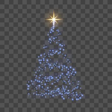 Christmas tree 3d for card. Transparent background. Blue Christmas tree as symbol of Happy New Year, Merry Christmas holiday celebration. Sparkle decoration. Bright gold star. Vector illustration