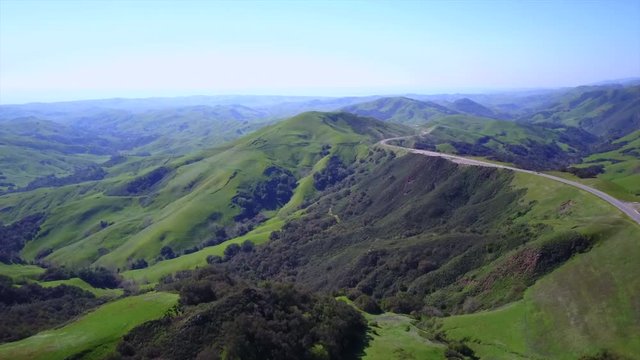 Aerial shot of the green mountains of Cambria San Simeon California USA